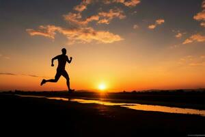 Silhouetted runner against a vibrant sunset, embodying an active lifestyle AI Generated photo