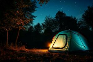 A luminous blue tent beneath a starry forest evening, with a sunset backdrop AI Generated photo
