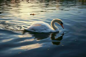 Serene seascape a swans swim in a lake at sunset AI Generated photo