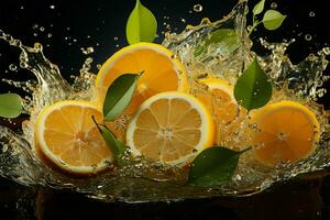 Zesty lemon captured mid splash, a refreshing visual for dynamic advertising campaigns AI Generated photo