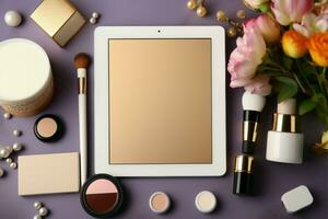 a tablet with a white screen surrounded by cosmetics AI Generated photo