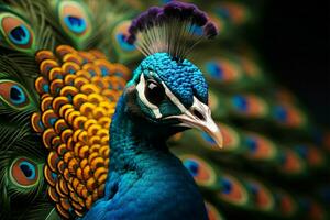 Close up of a brilliantly colorful peacocks mesmerizing facial features AI Generated photo