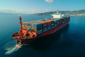 Aerial close up , container ship signifies global logistic trade over open sea AI Generated photo