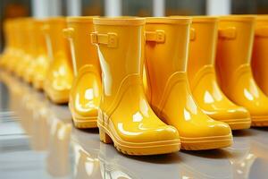 Functional style, Array of yellow rain boots highlighted on a white isolated background AI Generated photo