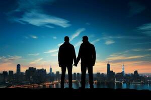 Amid cityscape, gay couple silhouettes unite under vast blue sky AI Generated photo