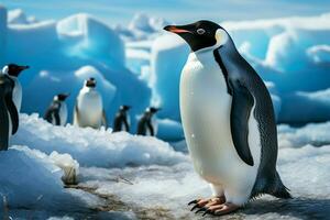 Penguins tranquil seaside moment, flanked by icebergs, frozen serenity AI Generated photo