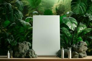 Office essentials, empty frame, and greenery, space for creativity AI Generated photo