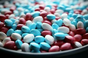 clasificado pastillas montón blanco, azul, vibrante colores medicación diversidad empaquetado para salud ai generado foto