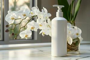 A white orchid blooms beside a bottle of moisturizing lotion AI Generated photo