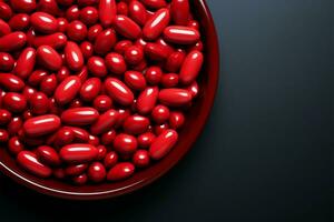 Vivid pills on red canvas, room for text Intriguing pattern, pill recognition emphasized AI Generated photo