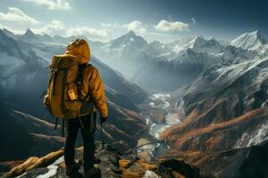 Yellow backpacked adventurer immerses in breathtaking mountain panoramas AI Generated photo