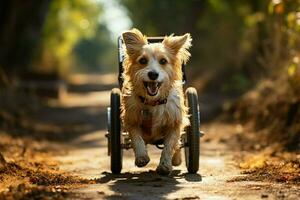 parque escena, minusválido perros Hora de verano paseo capturas el espíritu de Resiliencia y esperanza ai generado foto