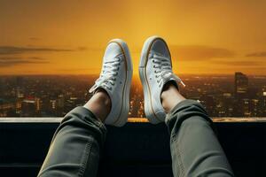 Person perched on a high vantage point, legs comfortably propped up AI Generated photo
