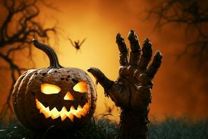 Ghoulish 3D rendered pumpkin with zombie hand rising for a scary vibe AI Generated photo