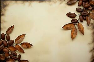 Rustic backdrop hosts watercolor coffee beans, leaves in vintage cafe template AI Generated photo