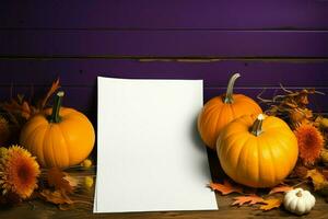 Blank paper waits for inspiration alongside vibrant autumn pumpkins AI Generated photo