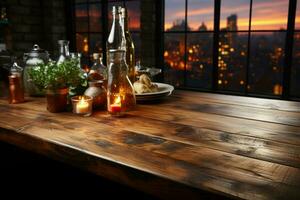 Kitchen dreamscape, Blurred background highlights rustic wood tabletop, inviting culinary creativity AI Generated photo