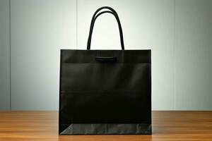 Simple beauty Black paper bag atop a white wooden table AI Generated photo