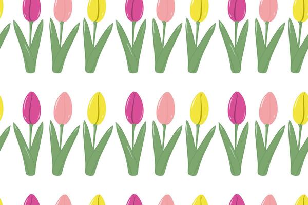 Abstract endless pattern of multi colored tulips arranged in row in trendy bright shades. Springtime
