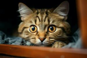 Startled feline discovered in cupboard, wide eyed Womans hand unveils its hiding place AI Generated photo