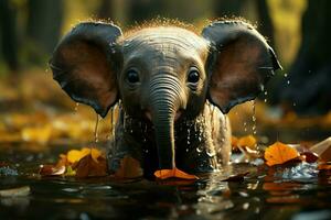 Tiny elephant revels in puddle, its adorable antics captivating all who watch AI Generated photo