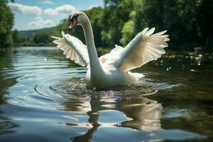 A serene summer day A swans graceful glide on a lake AI Generated photo