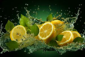 Vibrant lemon splash isolated, a zesty, eye catching shot for compelling advertisements AI Generated photo