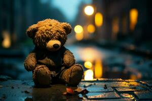 Abandoned teddy bear, forlorn, braves a rainy night all alone AI Generated photo