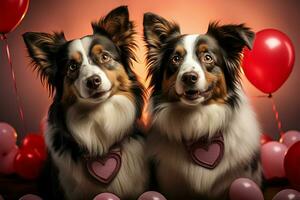 Two Border Collies share heart shaped balloon a display of canine affection AI Generated photo