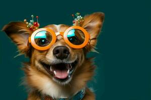 con entrañable anteojos, un radiante perro irradia alegría y carisma ai generado foto