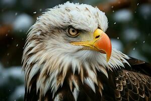 un feroz y real calvo águila en un maravilloso invierno cerca arriba ai generado foto