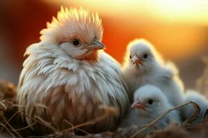 Mother chicken, with light red feathers, lovingly nurtures fluffy chicks AI Generated photo