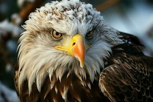 inviernos majestad capturado en el cerca arriba de un calvo águila ai generado foto