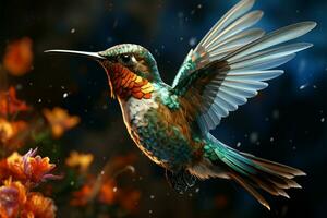 un caprichoso representación de un colibrí, sus ojos rebosante con personaje ai generado foto