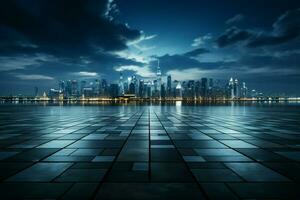 Urban serenity, Night unveils empty brick floor, modern building in tranquil backdrop AI Generated photo