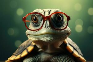 Cute turtle dons glasses, red wallpaper backdrop a smart, funny genius AI Generated photo