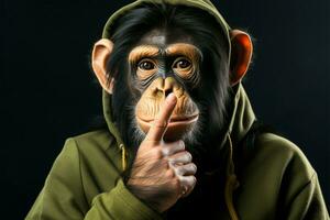 Monkey gesturing for silence, a humorous expression of quietude AI Generated photo