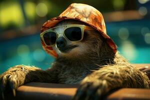 Poolside sloth wears hat, shades, savors cocktail utterly content expression AI Generated photo