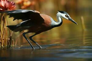 Actophilornis africanus African jacana, with distinctive long toes, gracefully wades AI Generated photo