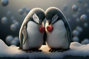 Two penguins in love, perfect for a Valentines Day postcard on February 14th AI Generated photo