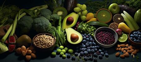 sano comida antecedentes. fruta, verdura, semillas, superalimento, cereales, hoja vegetal sano comida concepto. creado con generativo ai foto