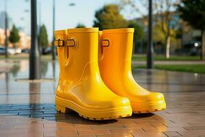 Functional style, Array of yellow rain boots highlighted on a white isolated background AI Generated photo