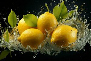 Vibrant lemon splash isolated, a zesty, eye catching shot for compelling advertisements AI Generated photo