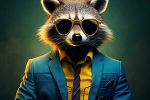 Blue suited raccoon character wears big glasses, oozing vintage hipster flair AI Generated photo