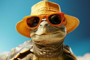 Tortuga abraza verano, balanceo Gafas de sol y un elegante Paja sombrero ai generado foto