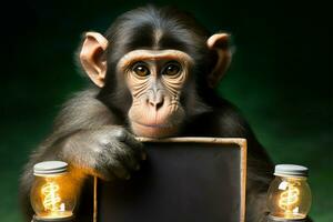 cautivador vista, mono sostiene pizarra, mostrando sus único comunicativo capacidad ai generado foto