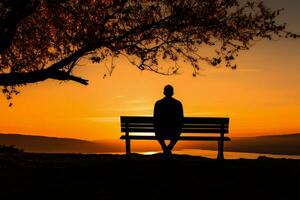 puesta de sol tranquilidad, silueta hombre en banco exuda pacífico contemplación ai generado foto