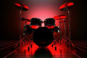 Professional rock drum kit with red backlight in a dark room, 3D rendering AI Generated photo