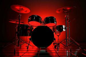 Energetic ambiance, 3D drum kit, red backlight, creates professional impact AI Generated photo