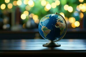 Earths reminder. Small blue globe embodies global consciousness on desk AI Generated photo